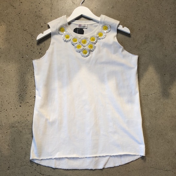 Red Valentino White Daisy Embellished Cotton Jersey Top - Picture 2 of 11